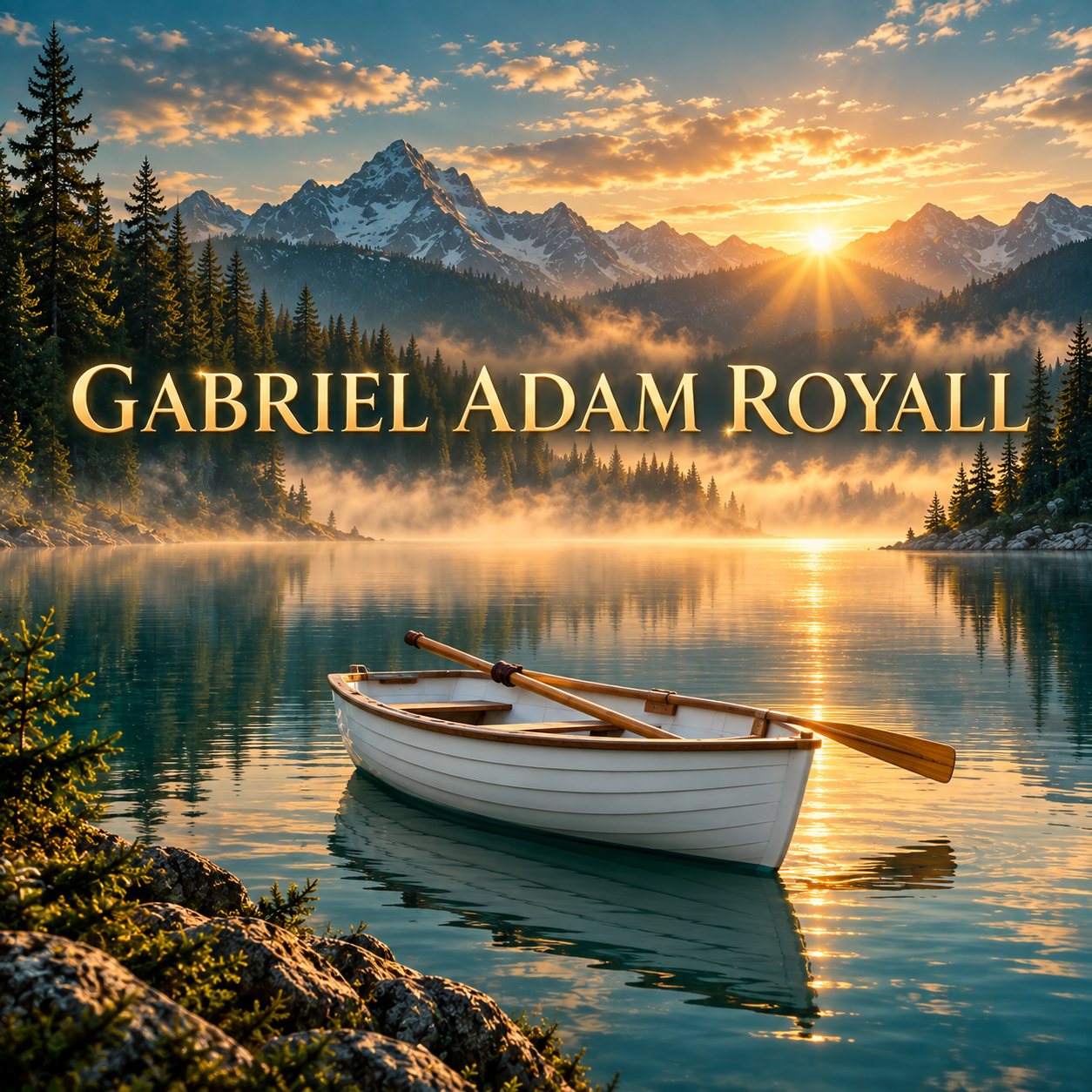 White rowboat on a mountain lake at sunrise